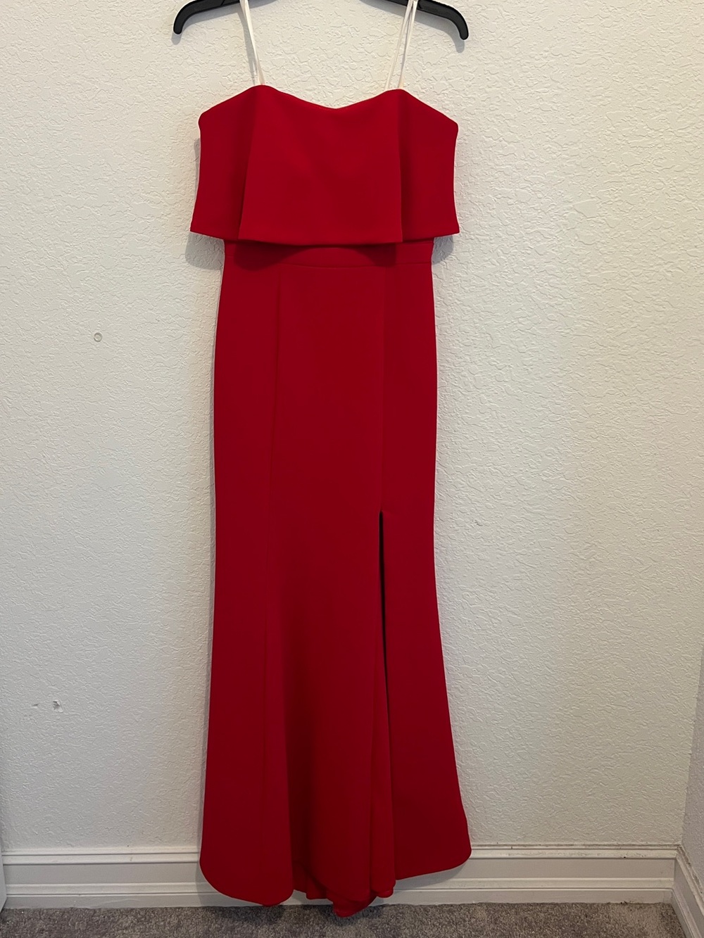 Xscape Red Strapless Evening Gown with Side Slit